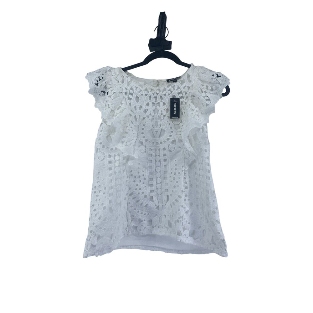 NWT Express Crochet Sleeveless Top Medium White Lined Boho Beach Ruffles